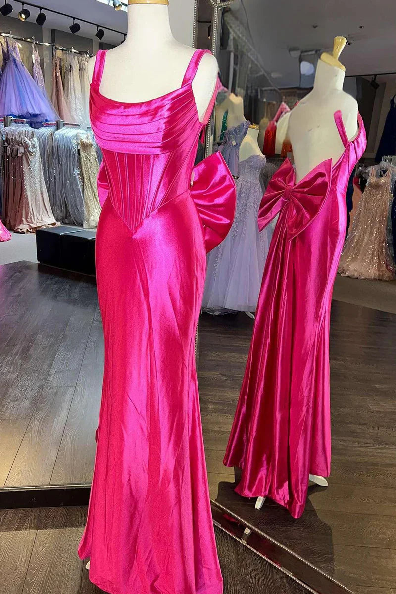Vestidos formales/Vestido de fiesta de sirena plisado rosa fuerte con lazo